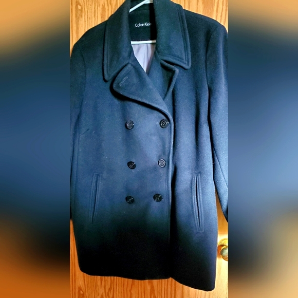 Calvin Klein Double Breasted Wool Blend Black Pea Coat Size L - Picture 1 of 8
